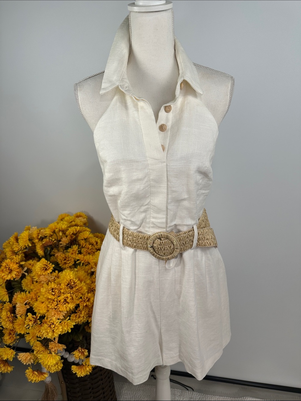 Vintage Vibes Halter  Cream Button Romper with Woven Belt Linen Blend